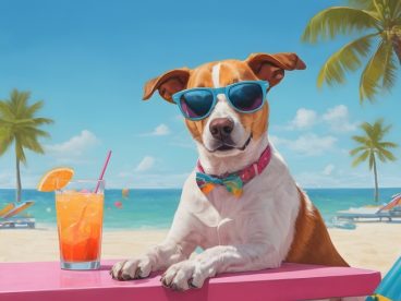 夏日海边度假的萌狗狗图片