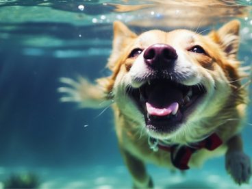水中自在潜水的日本秋田犬图片