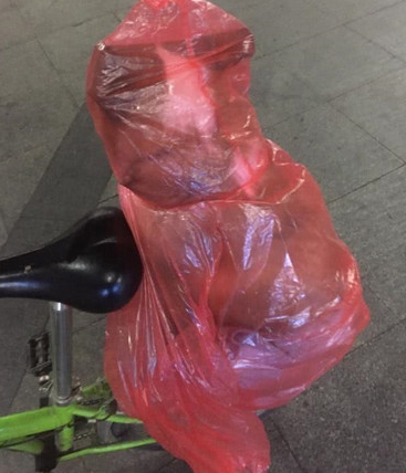 小伙怕狗狗被淋雨湿，想到了这类奇怪的招数，过路人见到竞相笑坏