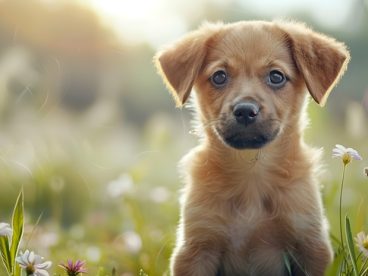 户外花草丛可爱金毛犬图片