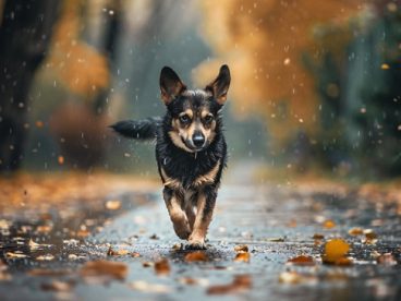 秋天雨中奔跑的小狗图片